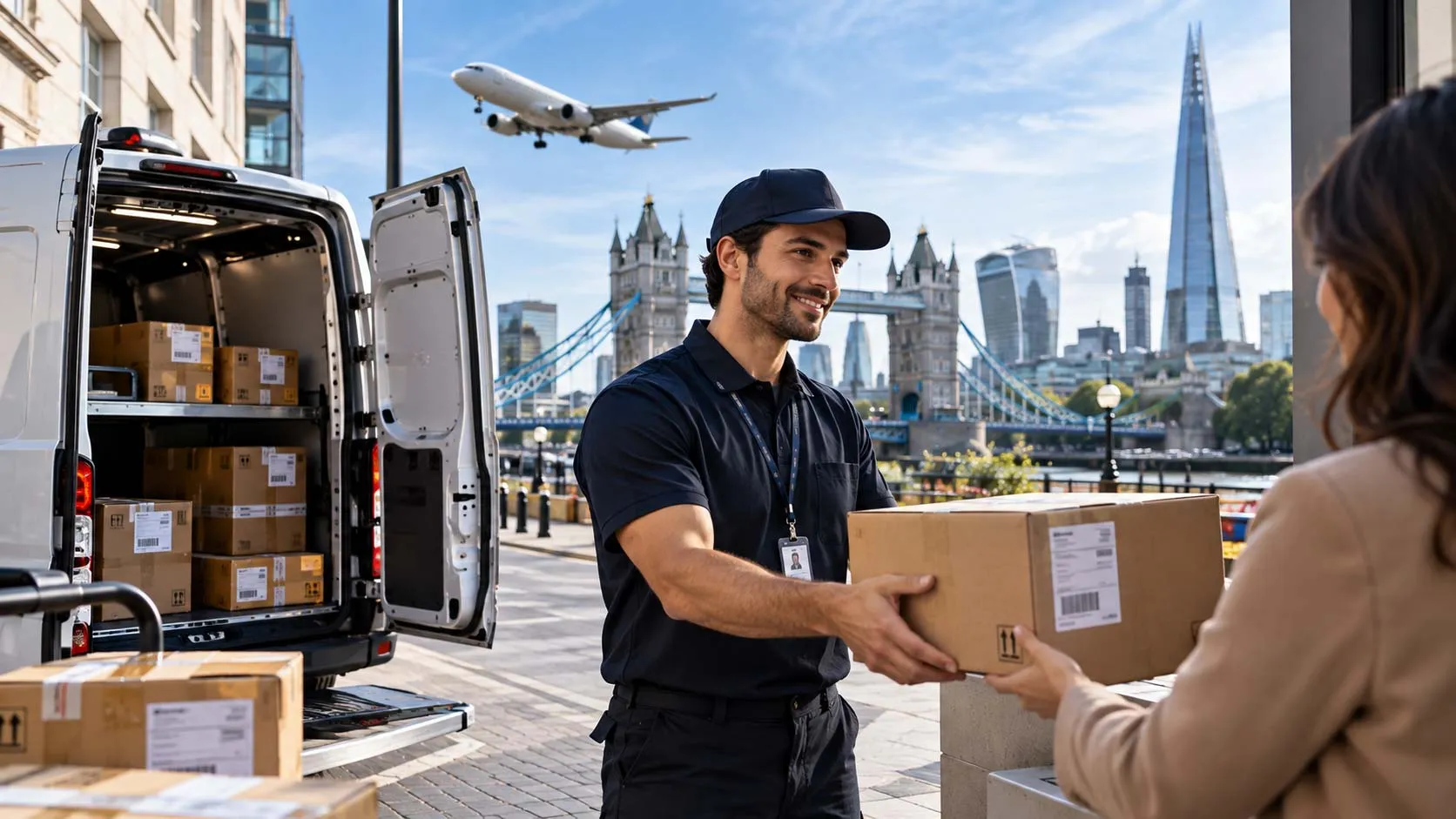 Courier handing over a parcel near Tower Bridge, London