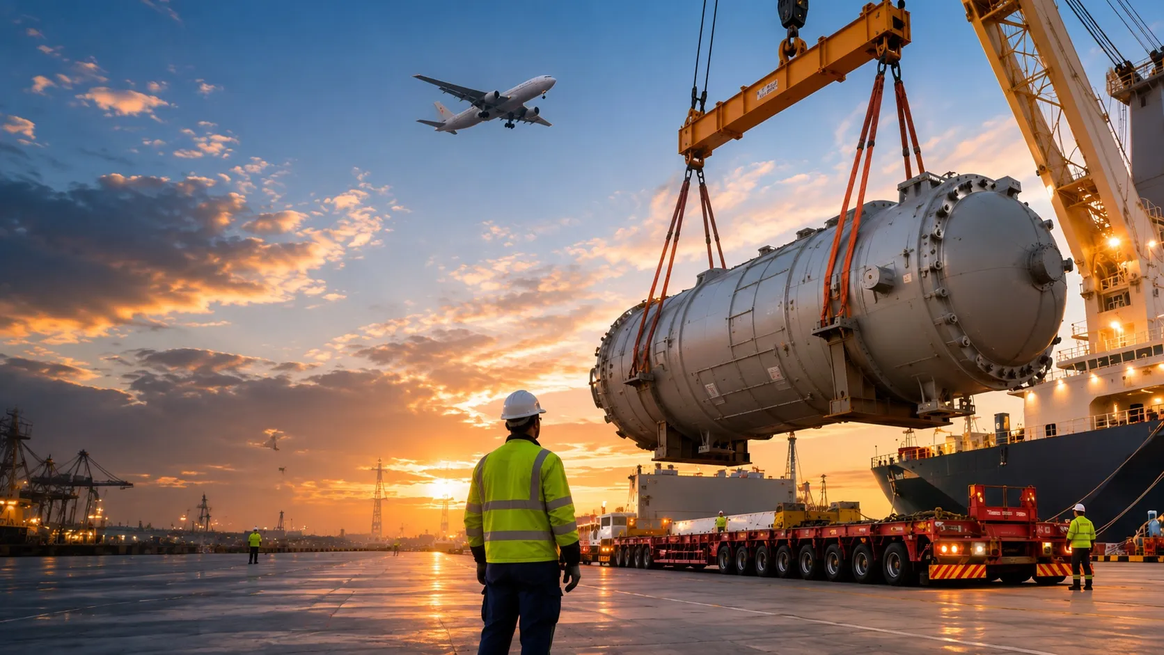Heavy-lift pressure vessel being loaded at port