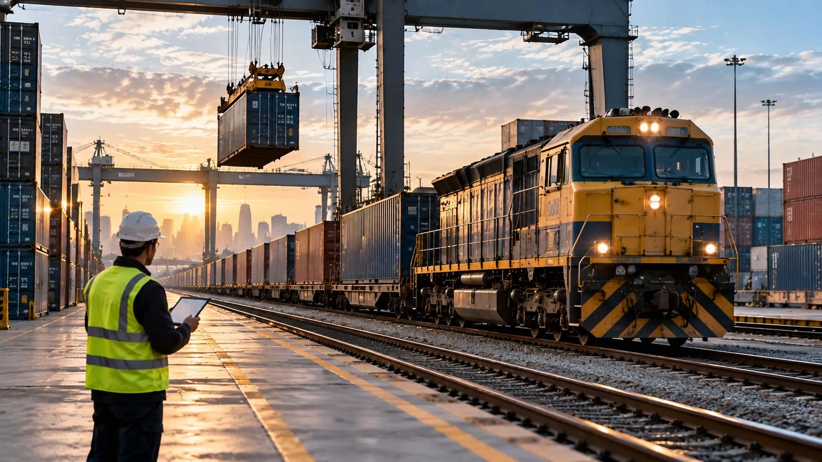 Container train at an intermodal rail terminal